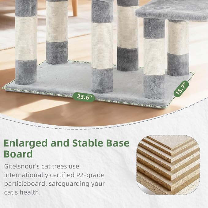 Gitelsnour Cat Tree for Indoor Cats Large Adult, Heavy Duty Cat Tree for Large Cats 20 lbs+, Cat Condo with Big Wooden Perch, Cat Tower with 14 Scratching Posts, Hammock, Light Gray GCT023W