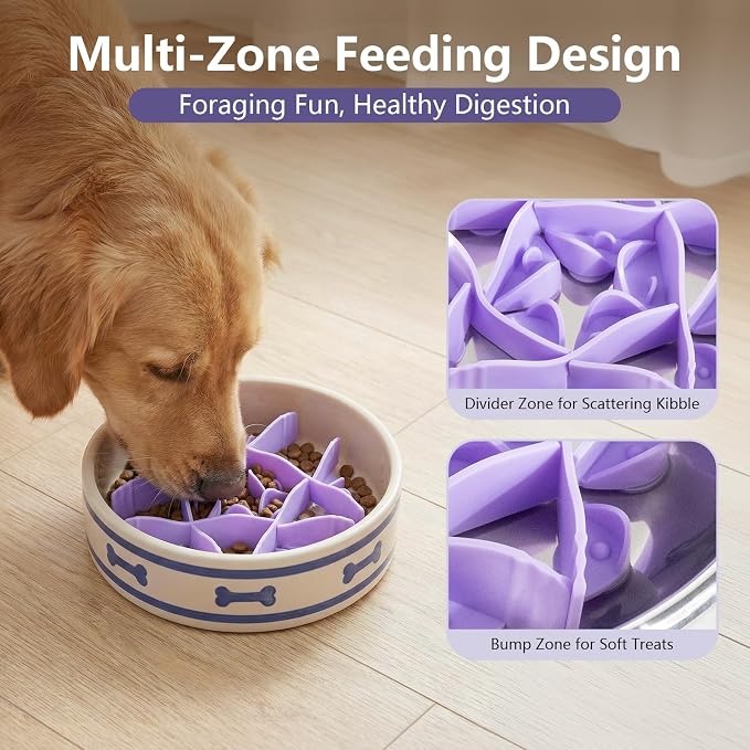 Silicone Dog Slow Feeder Bowl Insert with Suction Cups, Cuttable Food-Grade Lick Mat Divider Fits Stainless Steel Ceramic Glass Dog Bowls, Helps Slow Down Eating, Purple