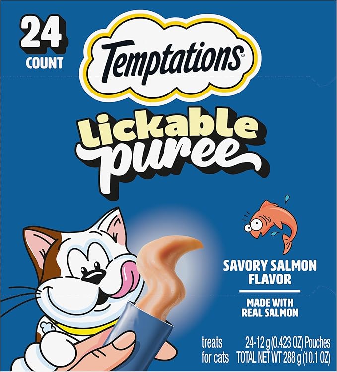 Temptations Creamy Puree Squeezable Lickable Cat Treats, Wet Cat Treats with Salmon, 0.42 oz. Tubes, 24 Count - Packaging May Vary