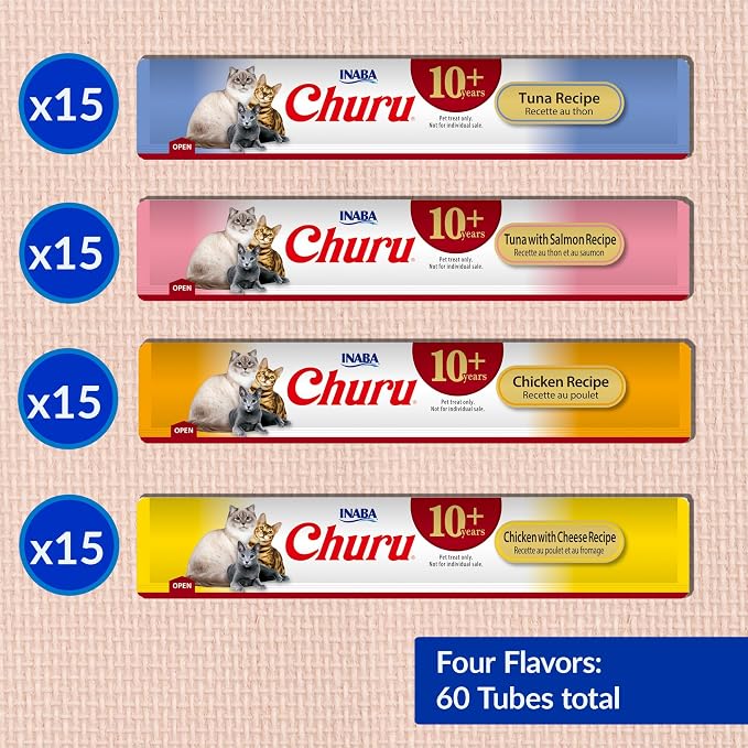 INABA Churu for Senior 10+, Creamy Lickable Cat Treats with Taurine, Vitamin E & C, 0.5 Ounces Each, 60 Tubes, Tuna & Chicken Variety