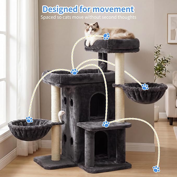 Heybly Cat Tree with Reinforced Big Base, 41.3-Inch Sturdy Cat Tower for Indoor Cats Featuring 2 Roomy Platforms, Double Cat Condo, 2 Cozy Baskets, Full Sisal Scratching Posts, Smoky Gray HCT075G