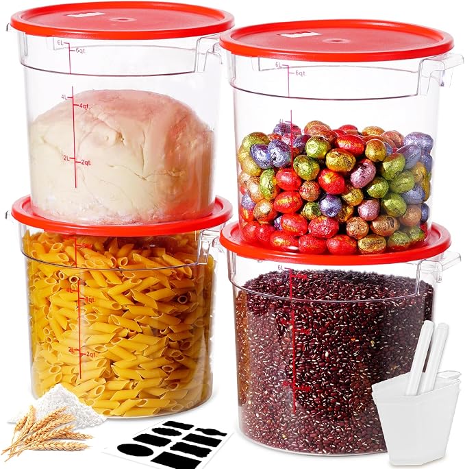 6QT NSF Round Food Storage Containers with Lids: 4 PCS [Total Food Grade][Hot&Cold Resistant] Dough Proofing Container for Pizza, Bread with Measuring Spoons Included(BPA FREE) (RED)
