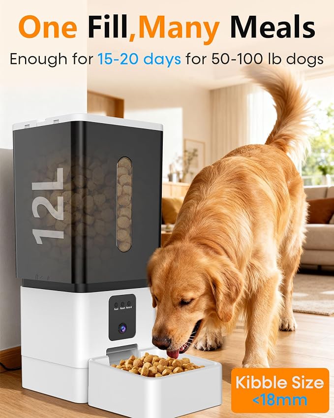 Large Breed Automatic Dog Feeder with 1080P HD Camera: 12L/50 Cups 20-Day Food Capacity for Busy Pet Owners - Anti-Clog Wide Outlet for Large Kibble