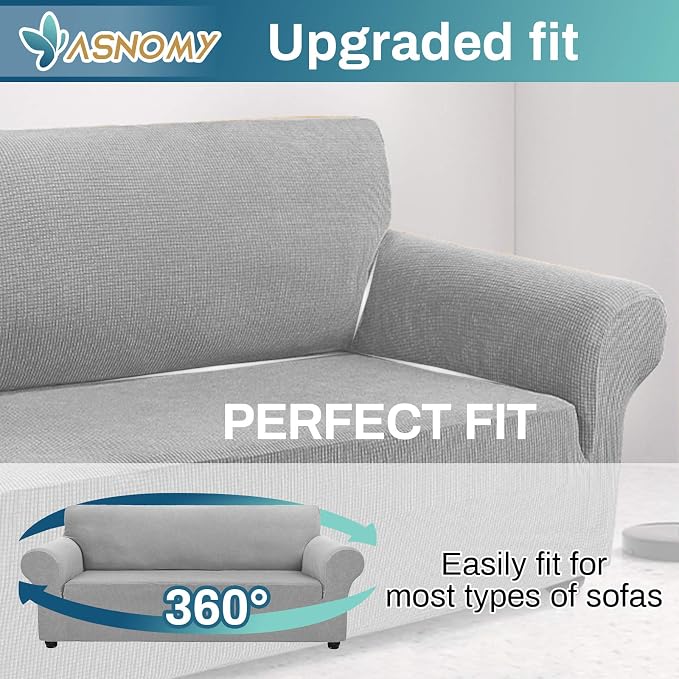 Asnomy Couch Covers for 3 Cushion Couch Stretch Sofa Covers Slipcovers, Pet Protector Furniture Covers for Dogs Cats Spandex Jacquard Fabric Small Checks（X-Large，Silver）