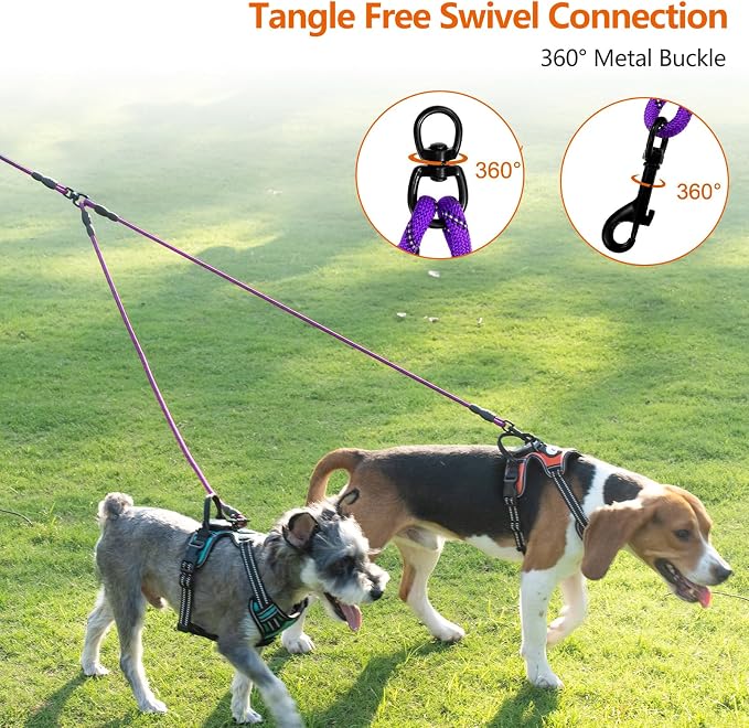 Taglory Double Dog Leash Coupler for Two Dogs, 1/3" Lightweight Dual Leash Extension for Small and Medium Dogs, No Tangle 360° Swivel, Reflective Rope, 30 Inch, Purple