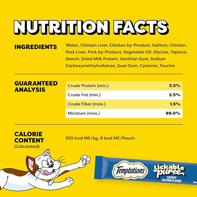 Temptations Creamy Puree Squeezable Lickable Cat Treats, Wet Cat Treats with Salmon, 0.42 oz. Tubes, 24 Count - Packaging May Vary