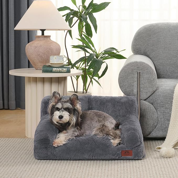 Hollypet Fluffy Dog Cat Bed Pet Couch Beds Plush Soft Warming Machine Washable Puppy Bed with Non-Slip Bottom for Cats and Small Medium Dogs up to 25 lbs, Gray, 24" L x 18" W x 10" Th