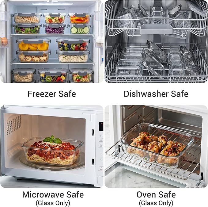 Dealusy 10 Sets (20-Piece) 4.5 Cup & 1.5 Cup Glass Food Storage Containers with lids, Airtight Leak-proof Glass Meal Prep Containers with Lids, Microwave Oven Freezer Dishwasher Safe, Gray