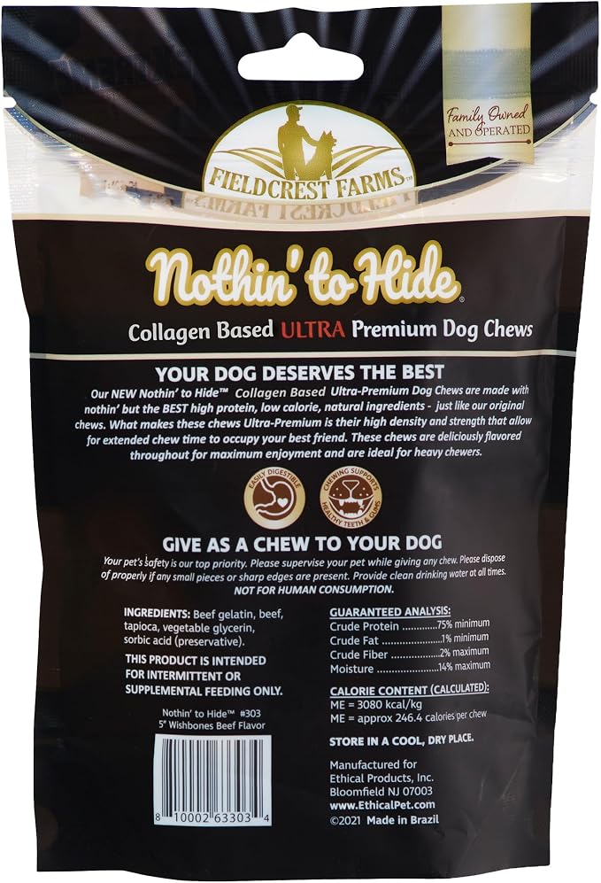 Fieldcrest Farms Nothin' to Hide Collagen-Based Dog Chews, Wishbone, Beef Flavor, Ultra-Premium, for Dogs Over 25lbs, Easily Digestible, Supports Skin, Coat, Joints & Muscles, 5-Inch, 2 Pieces