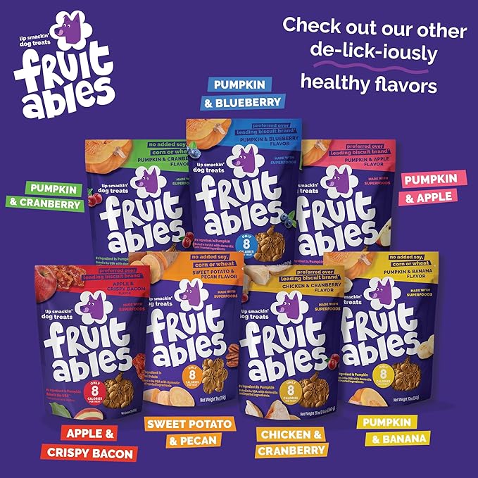 Fruitables Baked Dog Treats, Healthy Pumpkin Treat for Dogs, Low Calorie & Delicious, Free of Wheat, Corn and Soy, Made in the USA, Apple and Crispy Bacon Flavor, 12oz