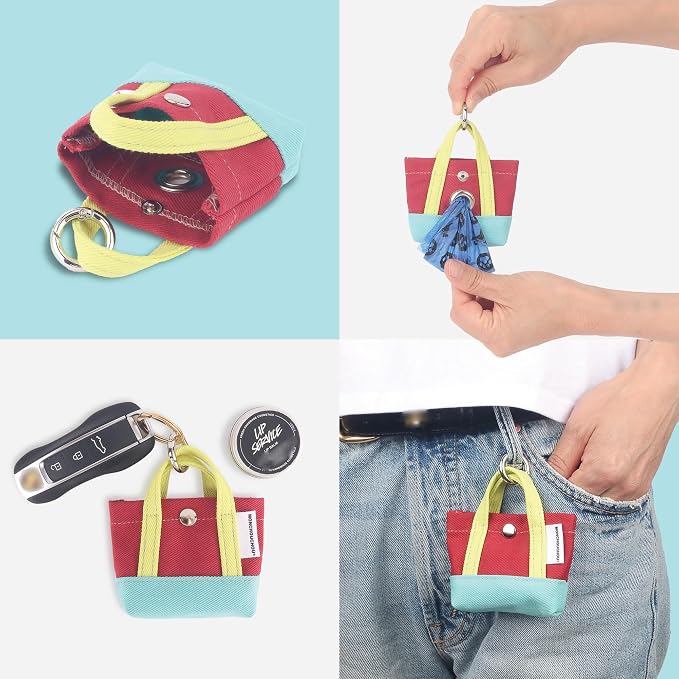 Dog Poop Bag Holder for Leash with 1 Waste Bag Roll, Canvas | Yellow Handle, Round Clip, Cotton Pouch, Small Accessory Keychain Bag, Handmade in Korea