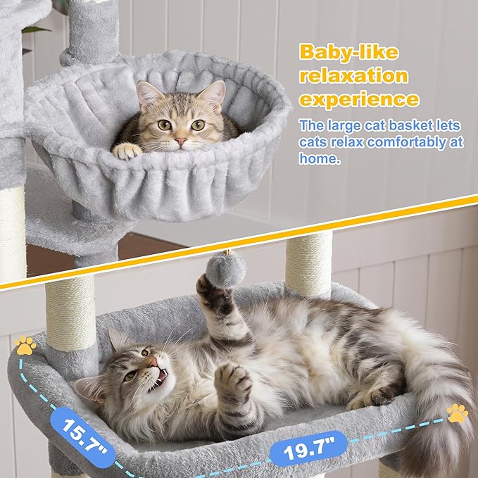 Hey-brother Cat Tree Tower, 71.5 Inches Scratching Posts with Extra Large Platform, 2 Cozy Condos, 2 Hammocks and Scratch Boards, Multi-Level House for Multiple Indoor Cats, Smoky Gray MPJ085W