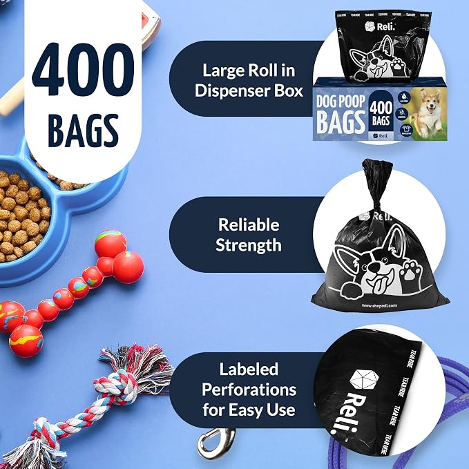 Reli. Dog Poop Bags (400 Bags - Large Single Roll) | Dispenser Box | 9x13" Large Doggie Poo Sack | Use for Yard Pickup | Bulk Single Roll | Unscented, Leak Proof (Black)