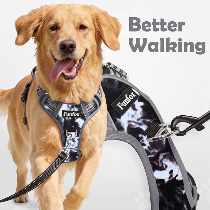Funfox Dog Harness No Pull, Adjustable Pet Vest Harness, Super Soft Material with Vertical Handle Easy Control, Reflective Night Walking, 2 Leash Clips for XLarge Dogs, Misty Gray, XL