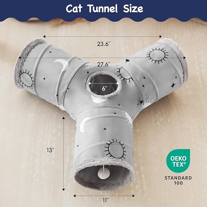 Tempcore Cat Tunnel for Indoor Cats, 3 Way Collapsible Pet Play Tunnel with Teaser Wand, Peek Holes & Hanging Ball, Interactive Tube for Kittens & Rabbits, Grey Sun