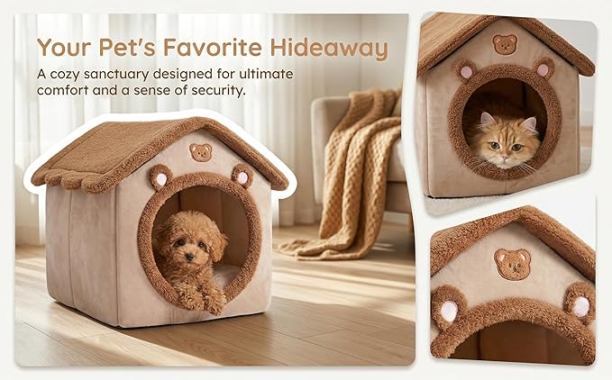AED Cave-Style Dog Bed with Non-Slip Bottom, Enclosed Pet Bed for Small Dogs & Cats, M Size Cozy Tent House for 6-11 Lb Puppies and 9-17 Lb Kittens, Brown