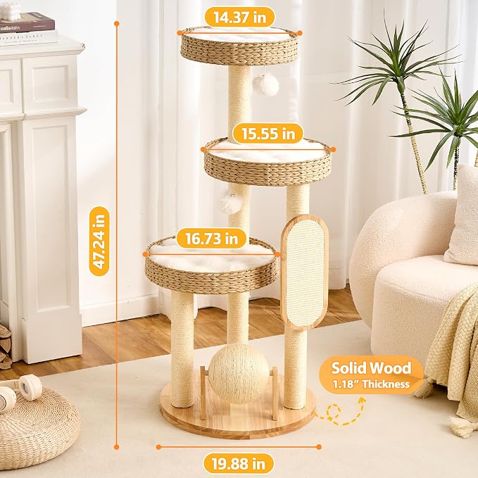 HITTITE Modern Cat Tree Tower with Scratching Post, 47 Inches Tall Cat Towers with Scratching Ball & Pad, Multi-Level Cat Tree with Rattan Bed and Removable Cushions for Indoor Cats Large Adult.