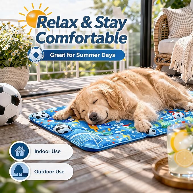 Dog Cooling Mat, Water-Activated Gel Ice Pad for Dogs&Cats, Self-Cooling Mat Soccer Fan Dog Gifts, Waterproof Wipe-Clean, Soccer-Themed Summer Beds for Outdoor&Indoor Medium/Small Pets