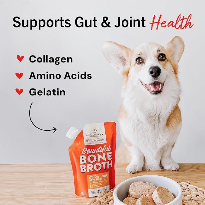 Stella & Chewy's Human-Grade Grass-Fed Beef Bone Broth for Dogs - Joint & Gut Health Liquid Food Topper with Collagen & Turmeric, 16 Fl Oz Resealable Pouch