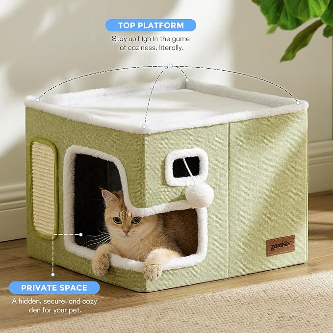 ZOMISIA Heated Cat House for Indoor Cats - Cat Warming Bed for Winter with Fluffy Ball Hanging and Adjustable Heating Pad, Foldable Cat Hideaway,16.5x16.5x13 inches, Grey
