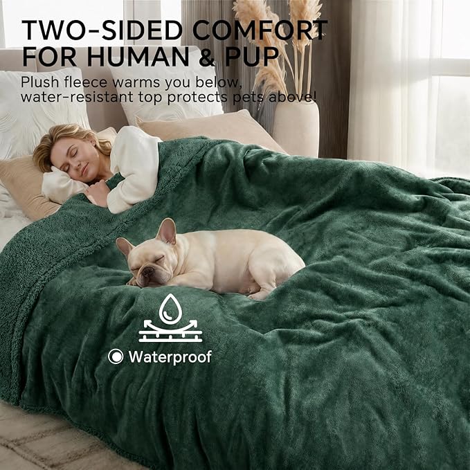 Luciphia Waterproof Pet Blanket, Liquid Pee Proof Dog Blanket for Sofa Bed Couch, Reversible Sherpa Fleece Furniture Protector Cover for Small Medium Large Dogs Cats, Dark Green Small（40" x 28"）