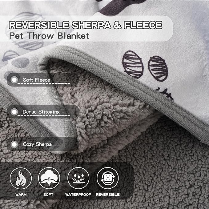 Waterproof Dog Blankets Pet Blanket, 30"x40" Cat Blanket for Indoor Cats, Soft Fluffy Sofa Car Bed Protector, Reversible Sherpa Fleece Puppy Blanket for Small Medium Dogs(Light Grey-Paws)