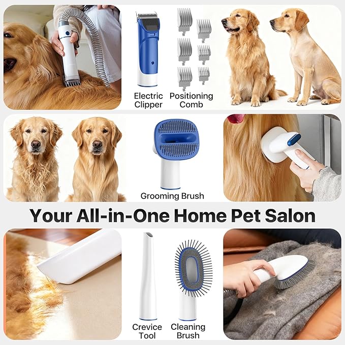 Buenkee Dog Grooming Kit with Vacuum, 15000Pa Pet Hair Clipper and Shedding Brush, 50dB Low Noise, 2L Capacity, White