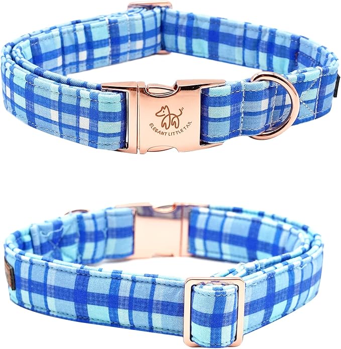 Elegant Little Tail Blue Plaid Dog Collar Bow with Metal Buckle - Soft, Adjustable for X-Small Dogs
