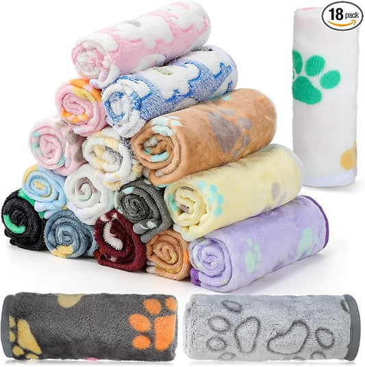 Chumia 18 Pcs Fleece Pet Blanket Soft Warm Sleep Mat Fluffy Cute Puppy Supplies Paw Bone Star Elephant Dot Heart Print Design Bed Blankets for Dog Cat Kitten Animals(30 x 20 Inch,Cute)