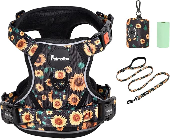 Petmolico No Pull Dog Harness Set, 2 Leash Attchment Easy Control Handle Reflective Vest Dog Harness Breed, Small Dogs Harness and Leash Set with Poop Bag Holder(S, Sunflower)
