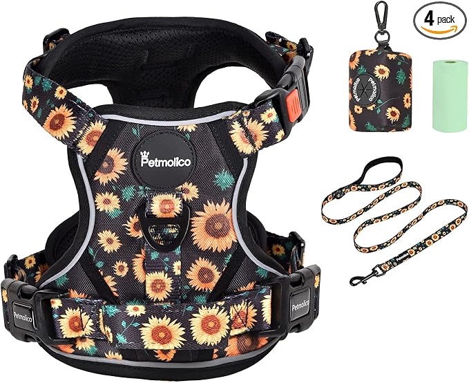 Petmolico No Pull Dog Harness Set with Leash Attachment Easy Control Handle Reflective Harness Vest Small Breed, Puppy Vest and Leash Set with Poop Bag Holder, XS - Sunflower