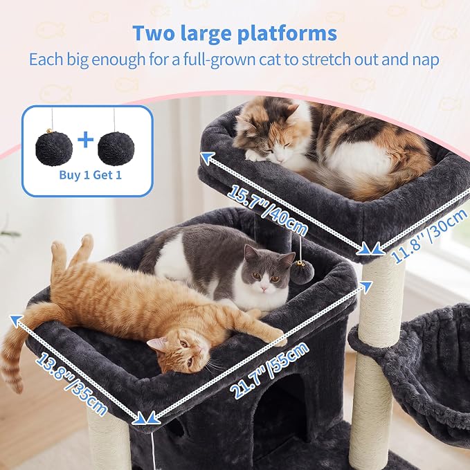 Heybly Cat Tree with Reinforced Big Base, 41.3-Inch Sturdy Cat Tower for Indoor Cats Featuring 2 Roomy Platforms, Double Cat Condo, 2 Cozy Baskets, Full Sisal Scratching Posts, Smoky Gray HCT075G