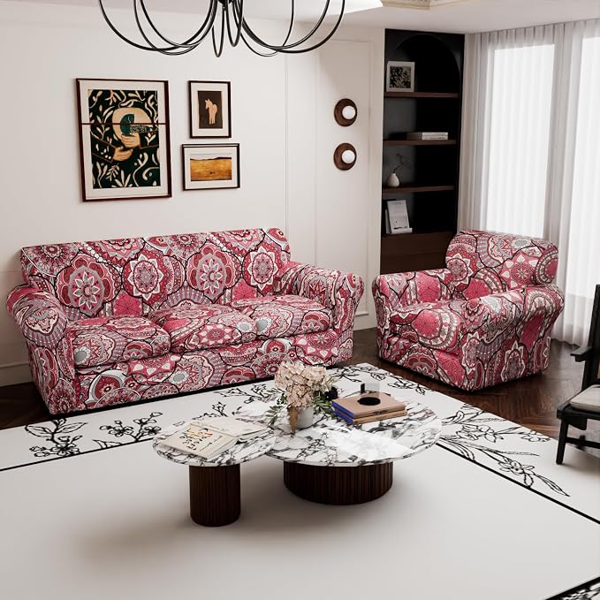 Stretch Couch Covers for 4 Separate Cushion Couch Sofa-Floral Printed Couch Sofa Cover,Washable Sofa Slipcover,Pet Friendly Furniture Protector with Elastic Bottom,Universal Fit for Home(Couch,Cover)