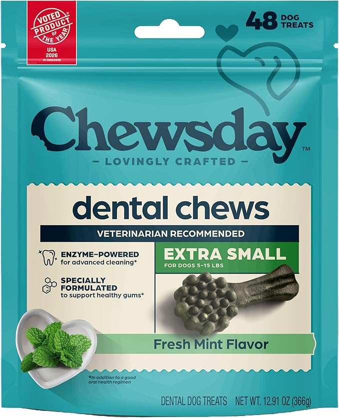 Chewsday Fresh Mint Flavor Dental Chews, Extra Small Dog Treats, Healthier Teeth and Fresher Breath, Enzyme Powered for Advanced Cleaning, Made in the USA, 48 Count