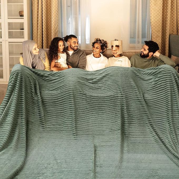 Bnuitland Sage Green Fleece Throw Blanket 90"x108",300GSM Soft Cozy Warm Lightweight Stripe Pattern for Bed Sofa Home Decor,Suitable for Adults Family All Season