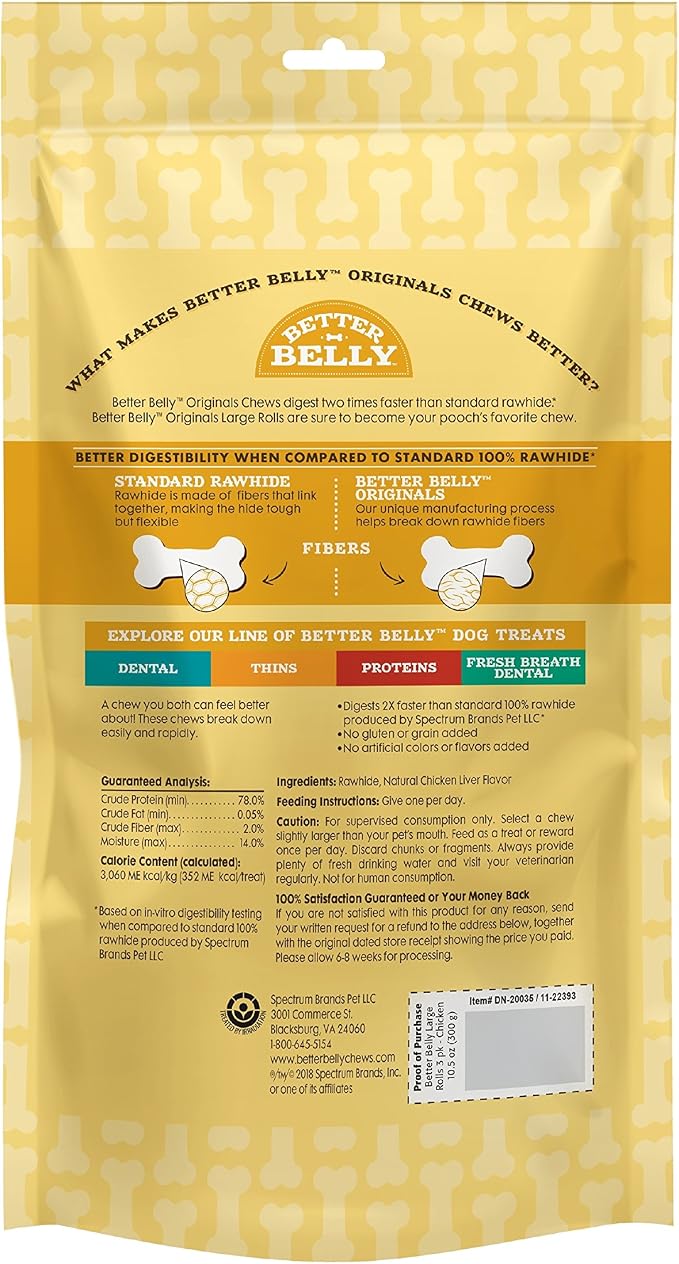Better Belly Highly Digestible Rawhide Large Roll Chews, 3 Count (Pack of 4)