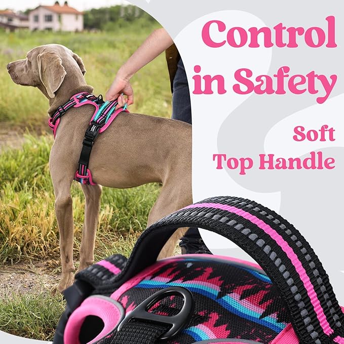 rabbitgoo Dog Harness for Large, No Pull Easy On & Off with 3 Buckles Pet Harness, Adjustable Soft Walking Vest with 2 Clips and Handle, Reflective for Large Dogs, Mountain Rose, L