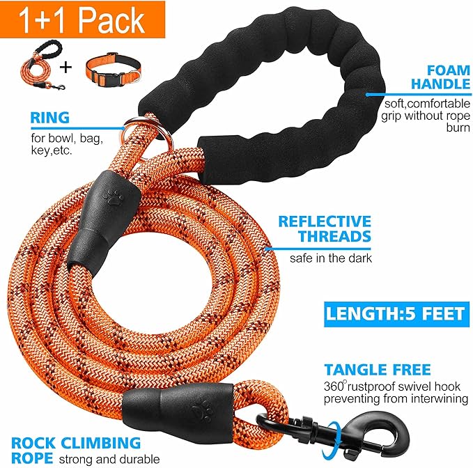 Ladoogo Reflective Dog Collar Padded with Soft Neoprene Breathable Adjustable Nylon Dog Collars for Small Medium Large Dogs (Medium (Pack of 1), Orange Collar+Leash)