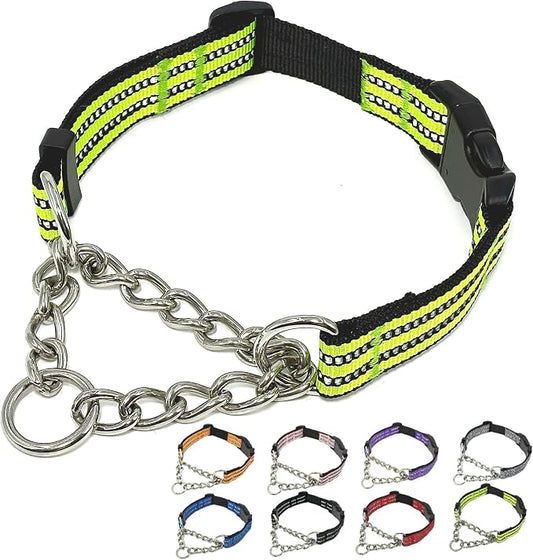 Martingale Dog Collars, Reflective Nylon Collar with Stainless Steel Chain, Adjustable Walking Training Dog Collars with Quick Release Buckle, Suitable for Small Medium Large Dogs(Green,S)