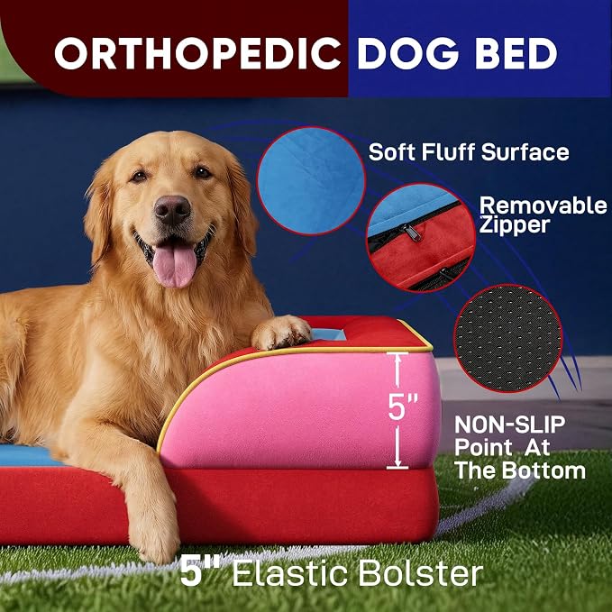 Comfort Expression Orthopedic Dog Bed for Extra Large Dogs 42x30 Inch, Waterproof Egg Crate Foam XL Pet Bed with Bolsters, Dog Couch with Washable Cover & Non-Slip Bottom, Los Angeles