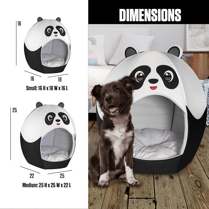 Maccabi Art Panda Theme Dog Bed - Cute Igloo Style Pet Bet - Fits Small Dogs, Puppies, Cats - Pillow Insert with Plush Lined Interrior, Non-Slip Igloo Design - 16 x 16 x 18