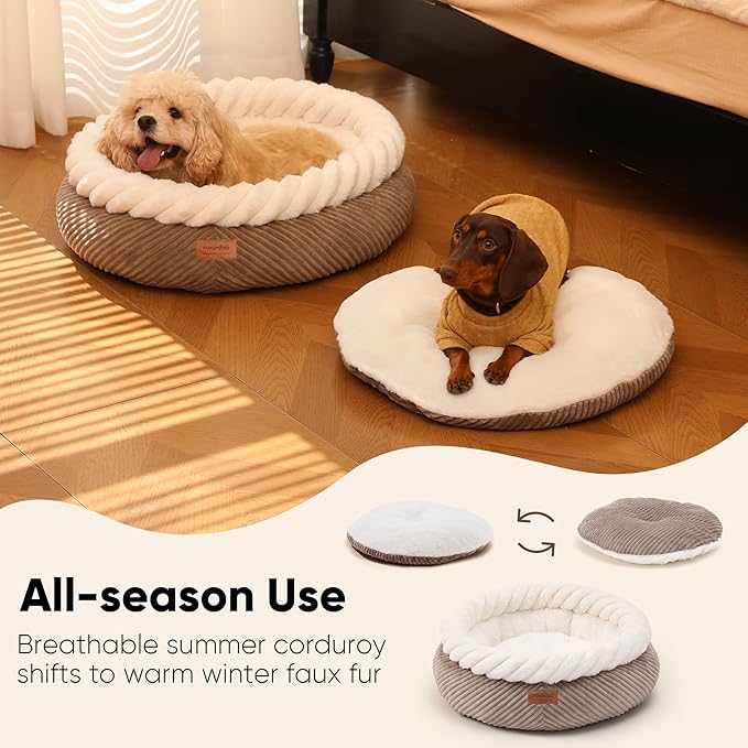 FUKUMARU Dog Bed, 25in Large Round Cat Beds, Plush Faux Fur&Corduroy Cat Beds, Cute Round Washable Pet Bed for Large Cats and Small Dogs, Cat Cave with Anti-Slip Bottom, 25inch, Camel