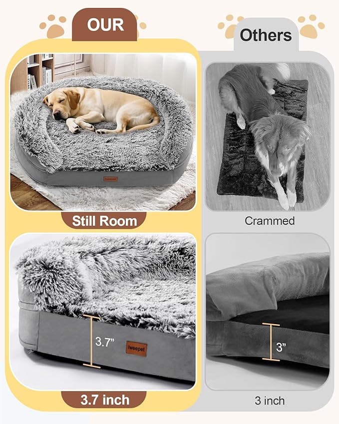iweepet Fluffy Claiming Jumbo Orthopedic Dog Beds for Extra Large Dogs, Supportive Dog Sofa Bed with 3.7 inch 28D Egg-Crate Foam, Removable Washable Plush Cover, Waterproof Lining, 48’’,Grey