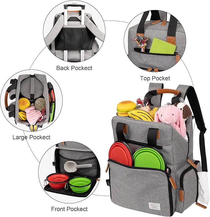 Modoker Dog Travel Bag, Airline Approved Backpack, Grey | Pet Accessories Organizer, 2 Food Storage Containers, 2 Collapsible Dog Bowls, Includes Pet Mat, Tote Weekend Bag