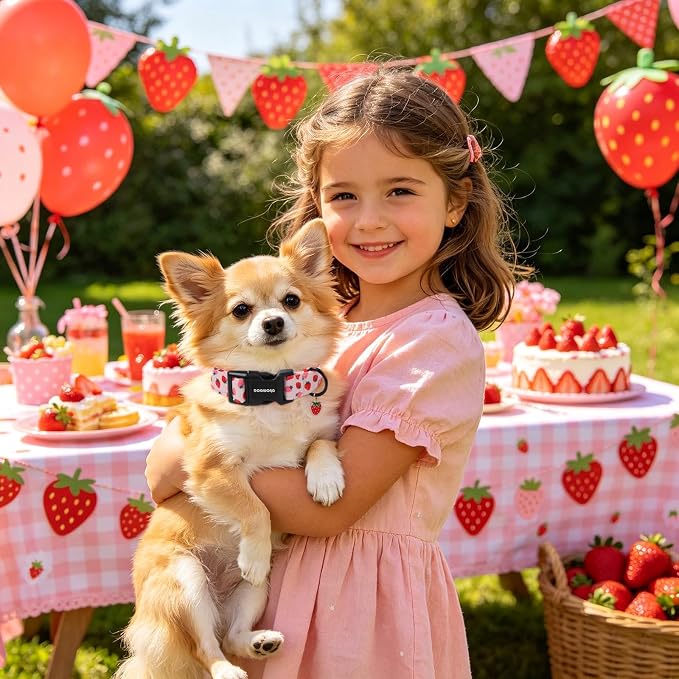 Pink Strawberry Dog Collar for Girly Dogs- DOGWONG Spring Summer Girl Strawberry Dog Collar, Adjustable Soft Cute Dogs Collars for Medium Dogs, M