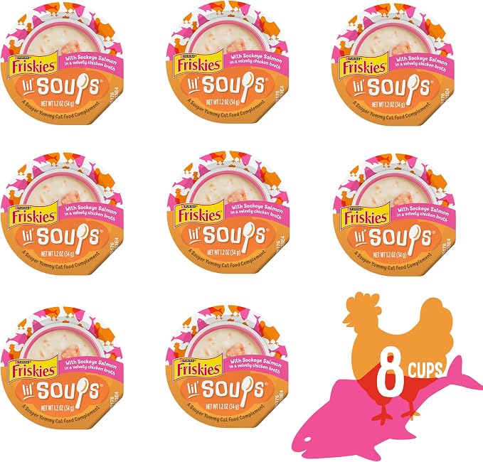 Purina Friskies Grain Free Lickable Cat Food Toppers Lil’ Soups With Sockeye Salmon in Chicken Broth - (Pack of 8) 1.2 oz. Cups