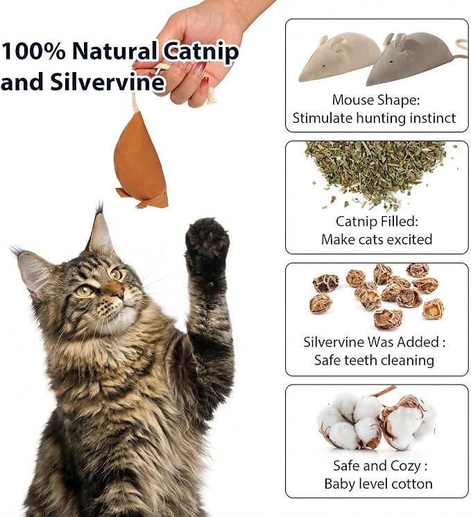 Catnip Mice Toys for Cats, 6PCS Large Interactive Fabric Mouse Toys for Indoor Adult Cats & Kittens, Encourages Cuddling, Kicking, Chasing, Playing and Chewing