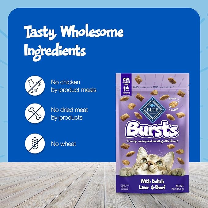 Blue Buffalo Bursts Delish Liver & Beef Crunchy & Creamy Cat Treats, Great for Training, Real Chicken Liver Natural Cat Treats Enhanced with Vitamins, Minerals & Other Nutrients, Tub 12 oz.