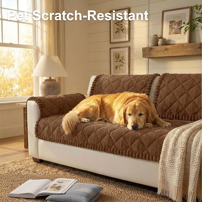 Smiry Couch Cover for Dogs, Non Slip Washable Pet Sofa Protector for Large Dogs, Cats, Fuzzy Plush Sofa Covers for 3 Cushion Couch, Against Fur, Dirt & Scratch Resistant, Brown, 27.6"×70.9"