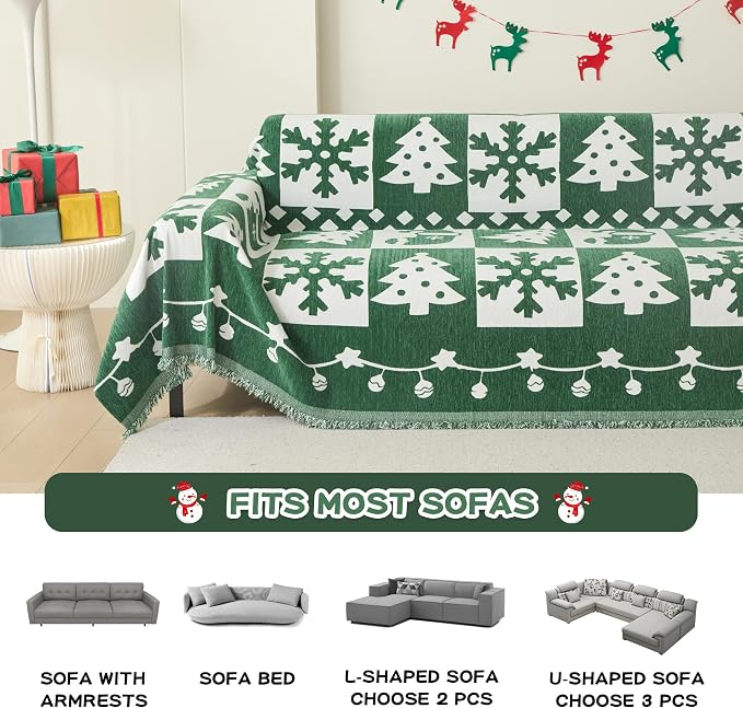 MEETSKY Christmas Couch Cover for Sectional Sofa, Chenille Loveseat Green Sofa Covers Washable for Pet Friendly Snowflake Christmas Tree Decorative Couch Covers, 71" x 102"